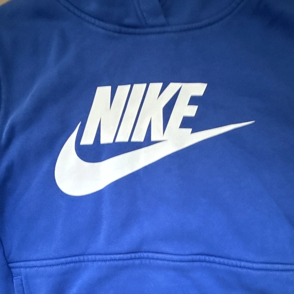Nike Blue Pullover Hoodie Unisex Kids M White Logo Hooded Pockets